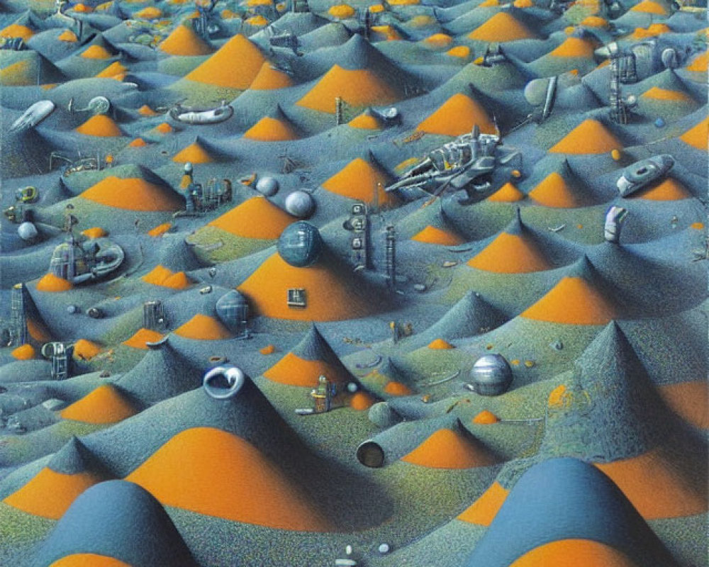Surreal orange and blue sand dunes with mechanical and organic elements under hazy sky