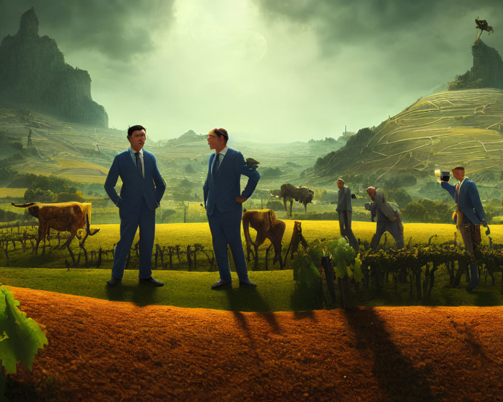 Men in suits in surreal rural landscape with cattle and vineyards.
