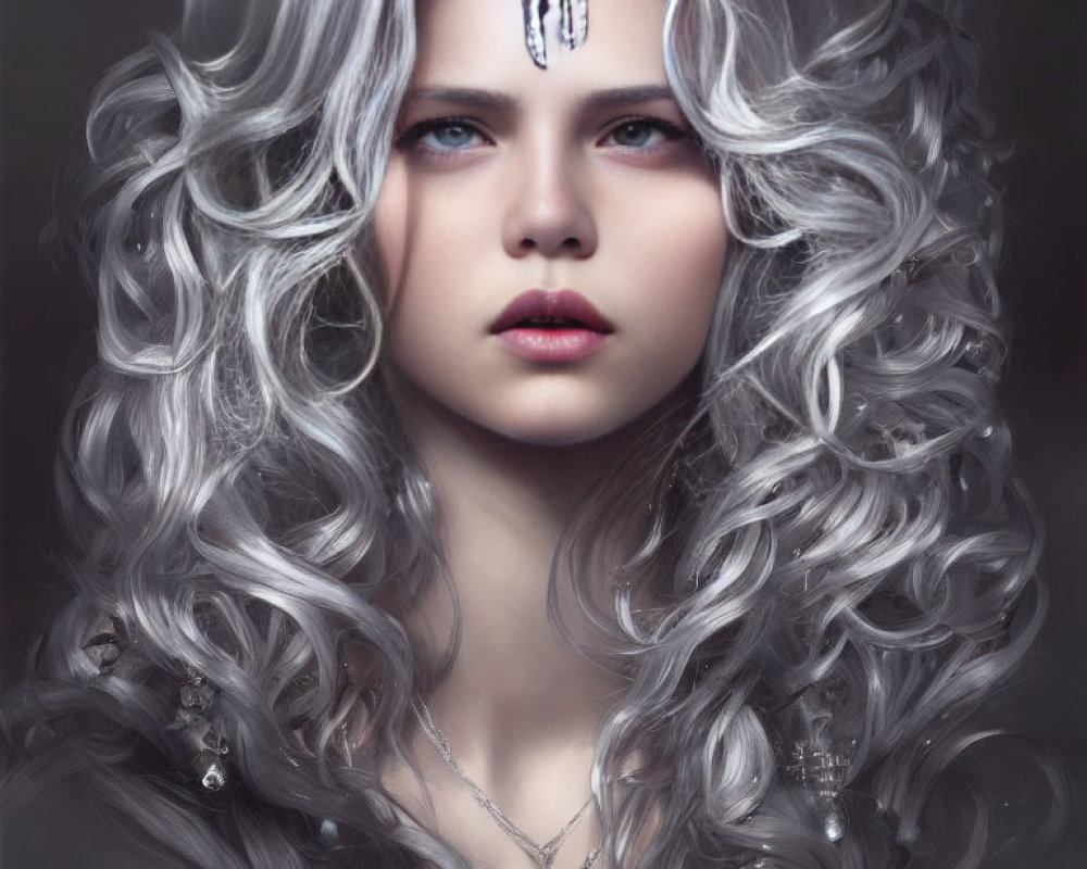 Silver-haired woman with blue eyes, forehead jewel, and silver necklace