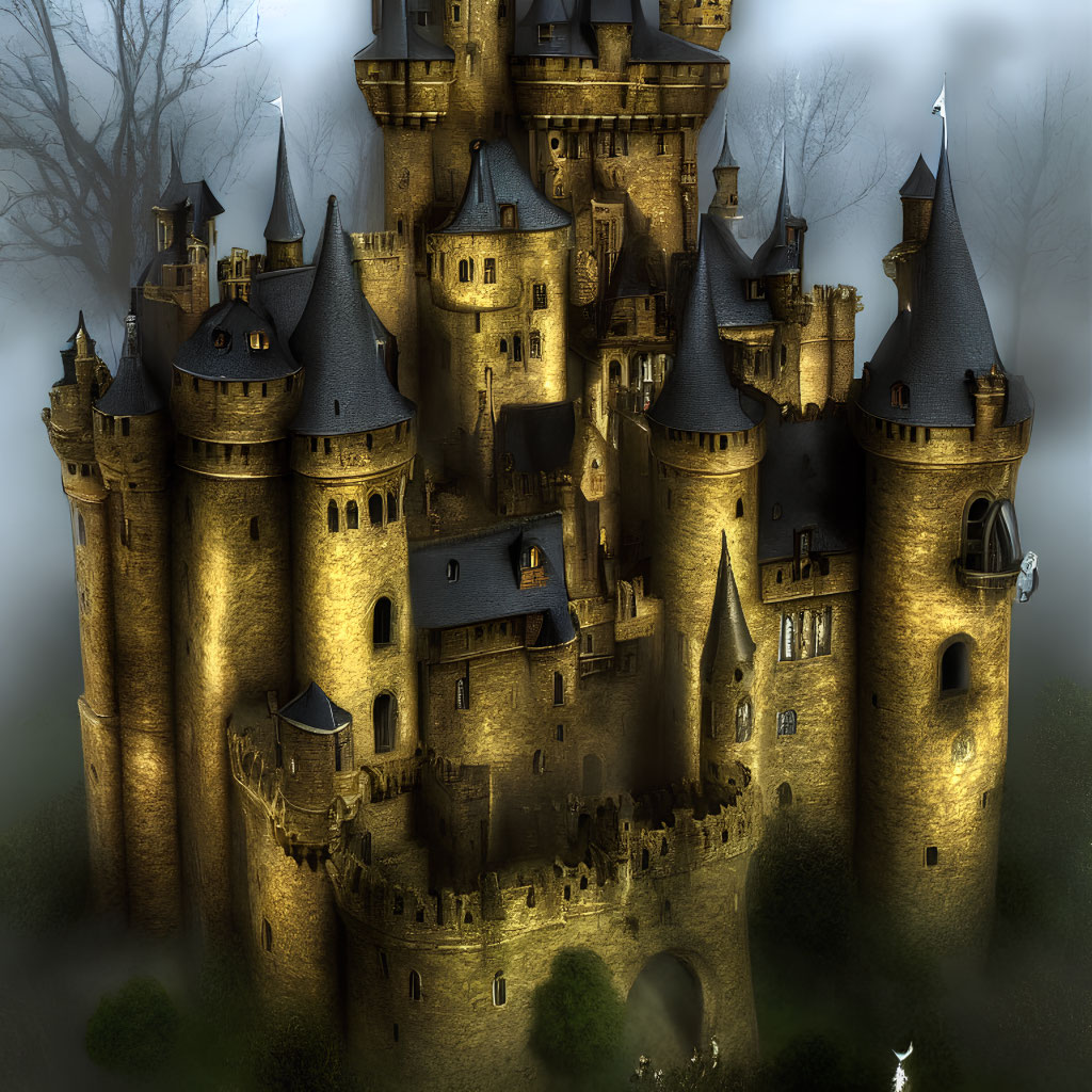 Detailed Fantasy Castle with Multiple Towers and Turrets in Misty Atmosphere