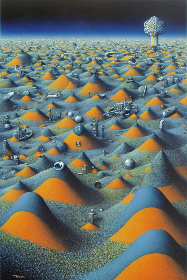 Surreal orange and blue sand dunes with mechanical and organic elements under hazy sky