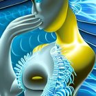 Digital artwork: Woman with luminescent blue skin and feather ornaments on swirling blue background