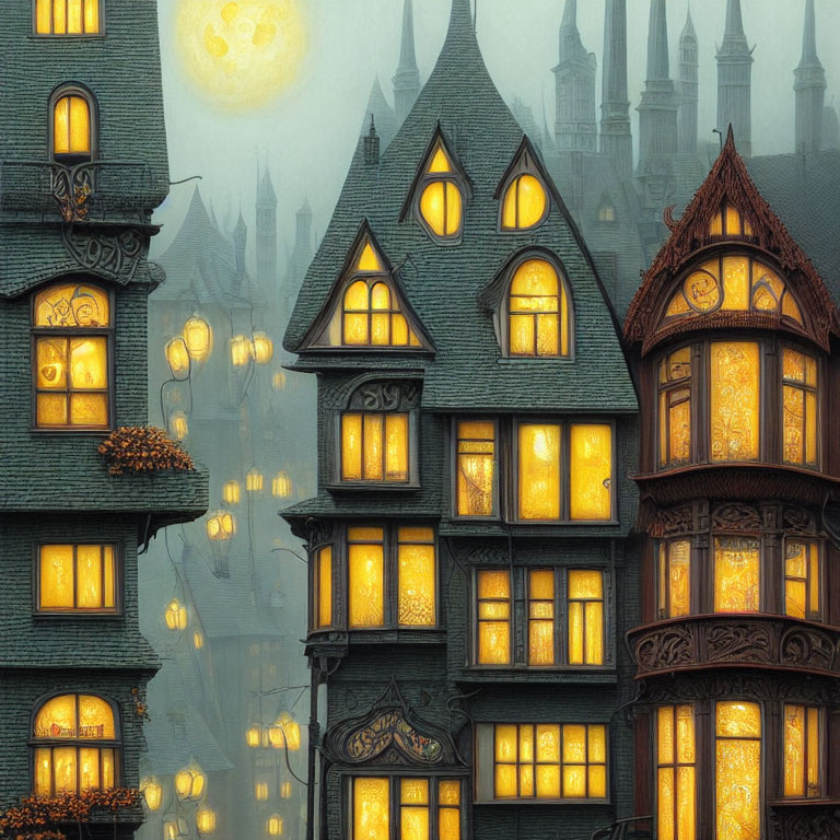 Victorian-style houses under full moon in misty, amber-lit evening