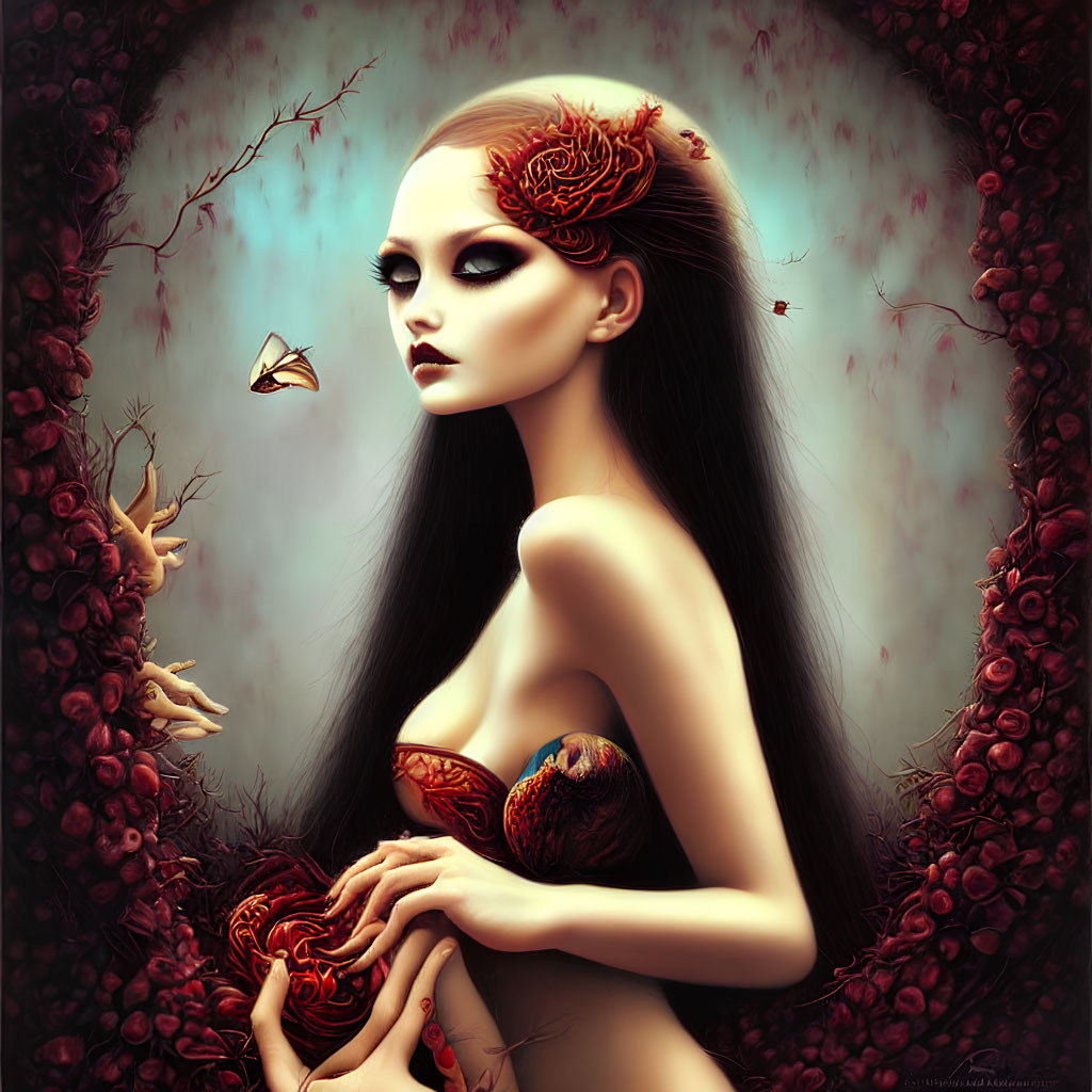 Pale-skinned woman in dark eyes, surrounded by thicket, holding object, with butterflies and red