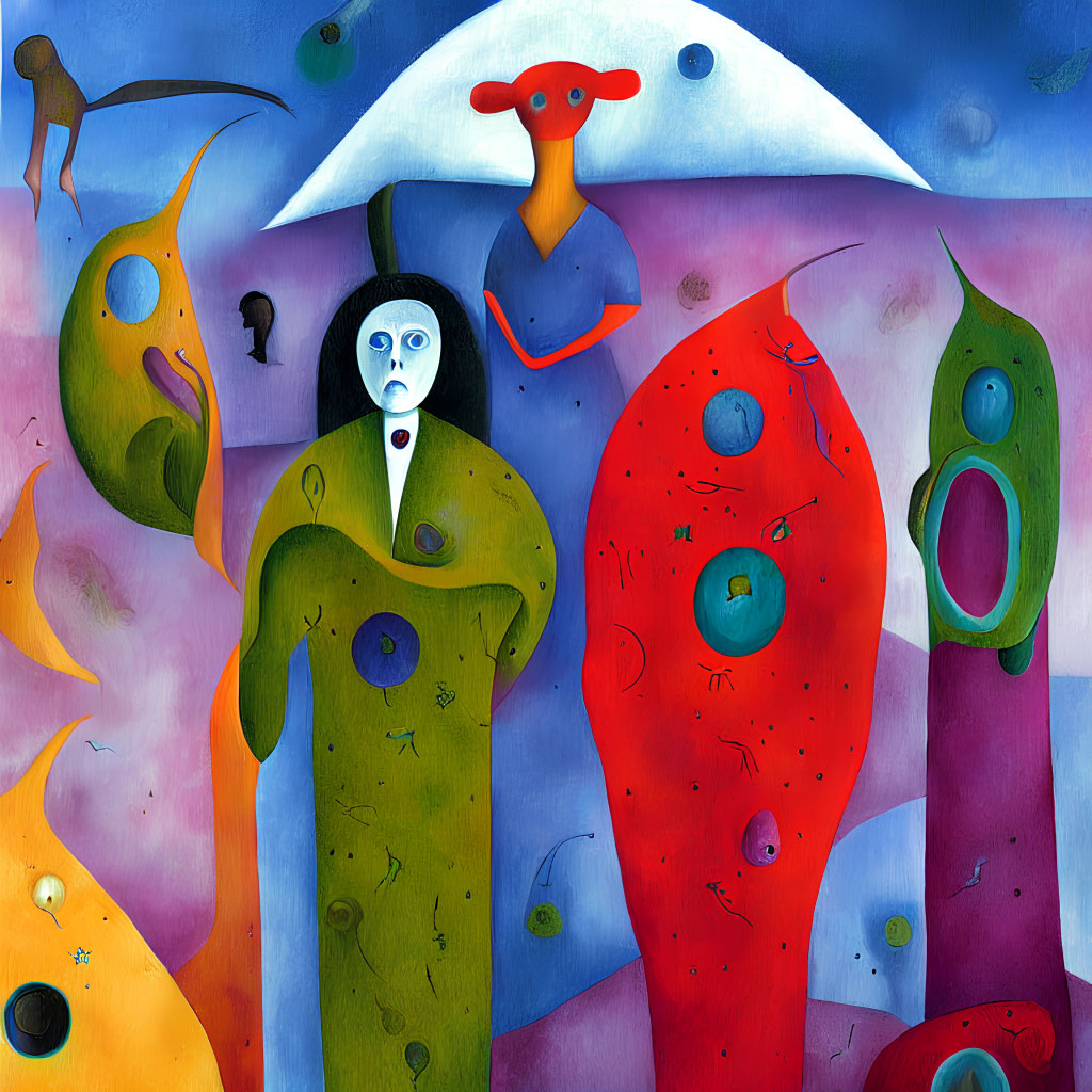Vibrant Abstract Painting of Whimsical Characters on Blue Background