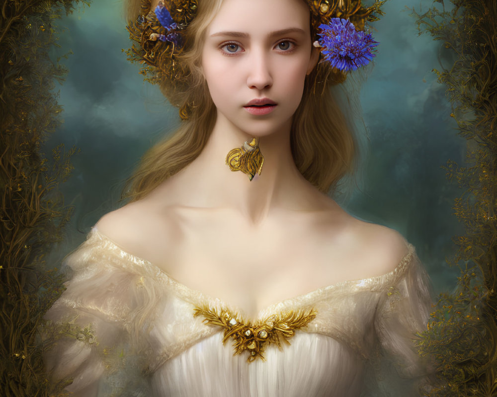 Ethereal woman portrait with golden floral crown and vine-like ambiance
