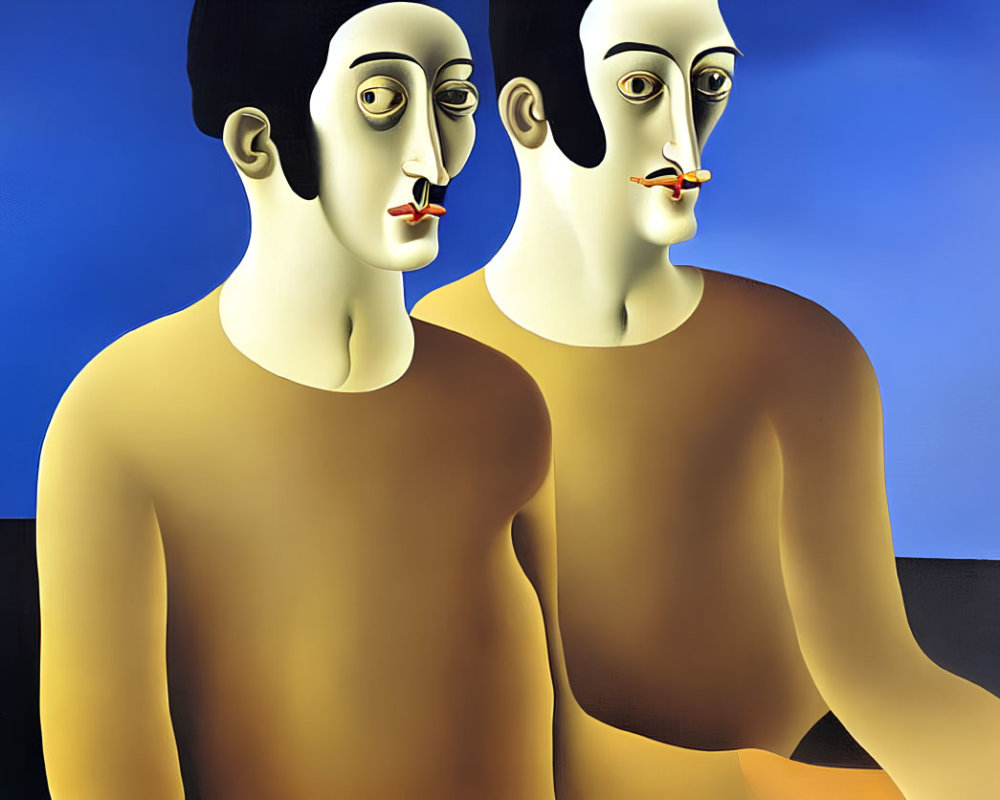 Stylized figures with elongated faces against blue background, featuring exposed upper bodies and red flowers.