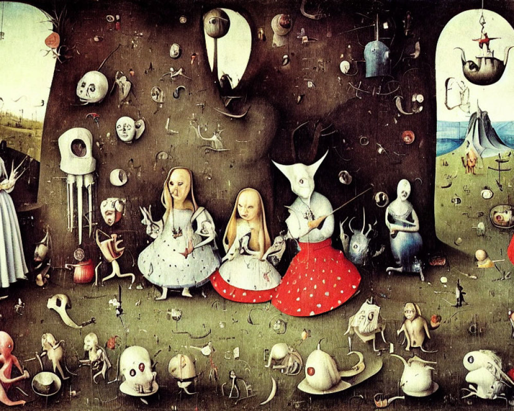 Fantastical surrealistic painting with anthropomorphic creatures in vivid colors