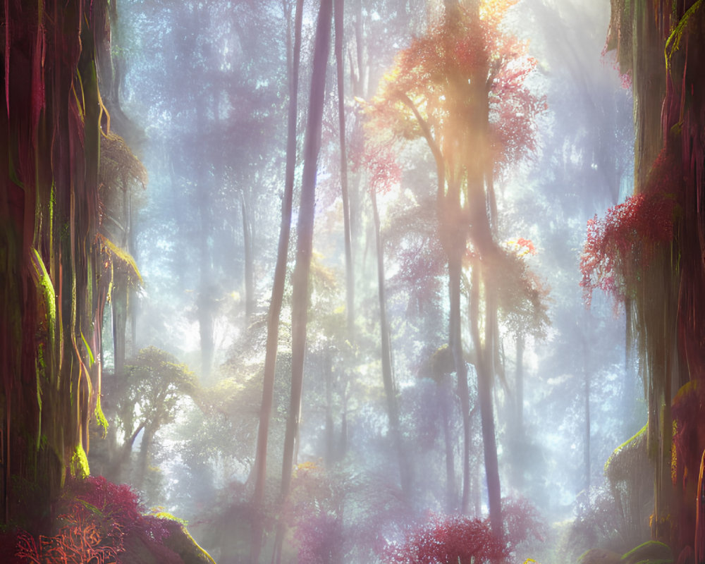 Enchanting forest scene: towering trees, vibrant greenery, light rays, purple and pink foliage