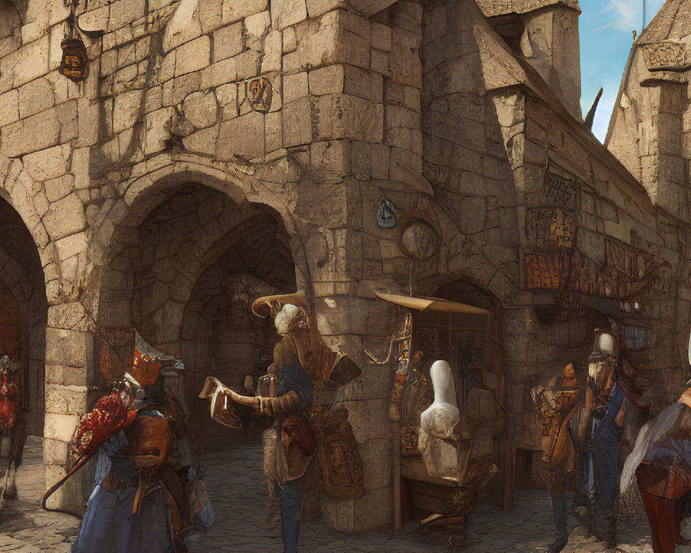 Medieval street scene with merchants, townsfolk, and knights under clear skies