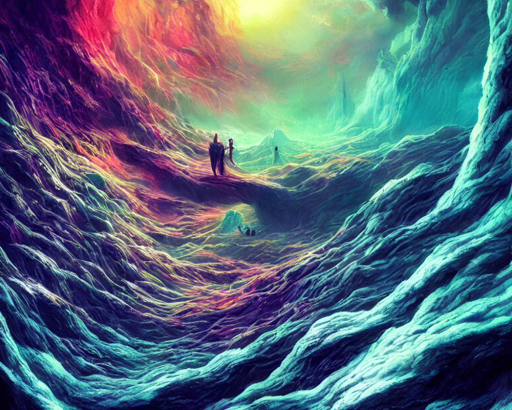 Colorful surreal landscape with figures and swirling patterns under a luminous sky