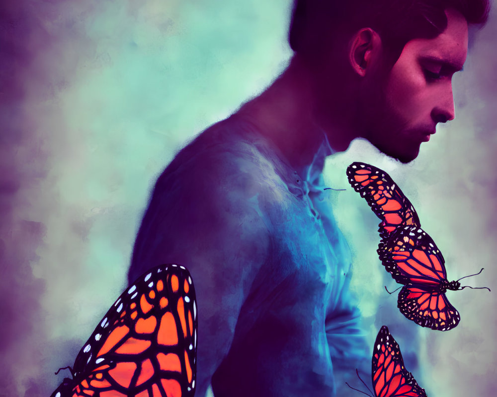 Man with somber expression merges into smoke with monarch butterflies on vibrant orange background