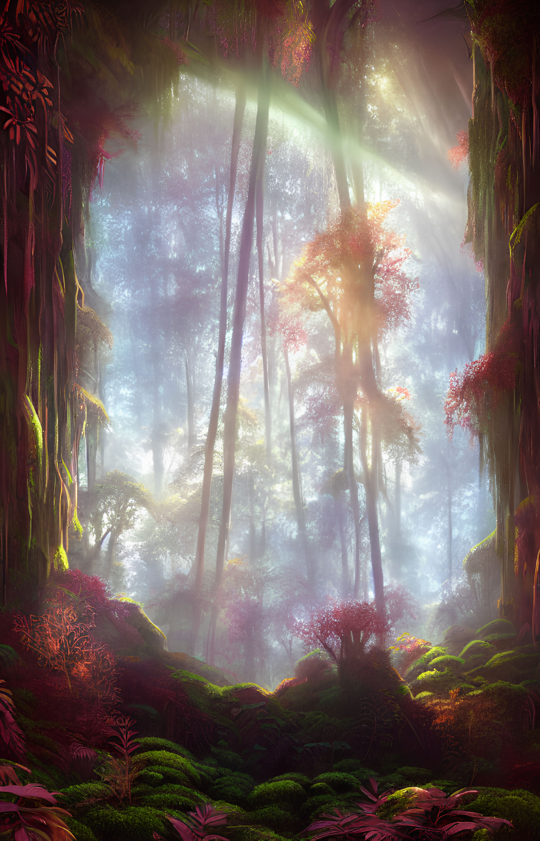 Enchanting forest scene: towering trees, vibrant greenery, light rays, purple and pink foliage