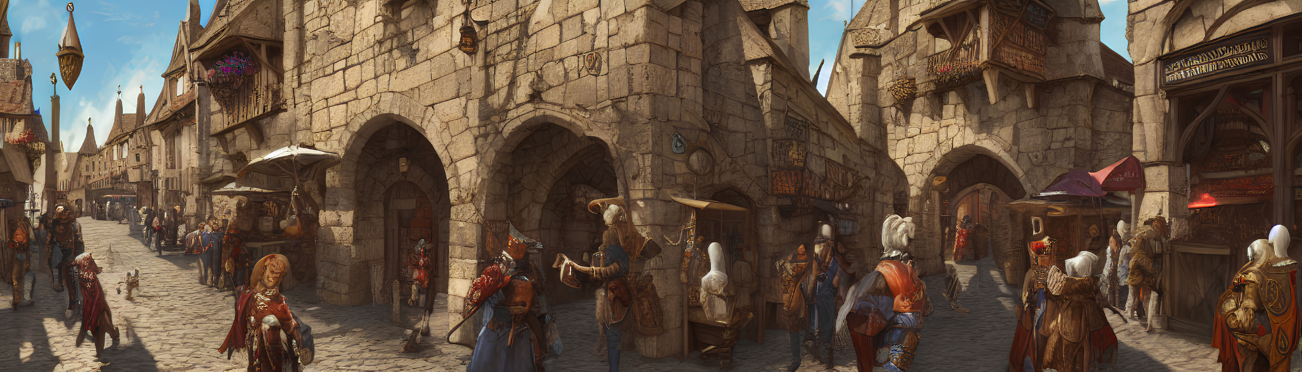 Medieval street scene with merchants, townsfolk, and knights under clear skies