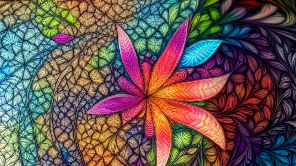 Colorful Fractal Image with Flower-Like Pattern and Leaf-Like Designs