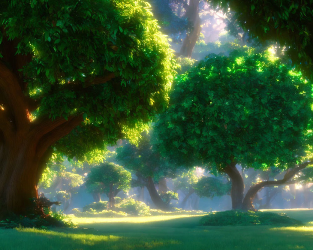 Sunlight filtering through lush green forest, casting warm glow on grass and vibrant tree leaves