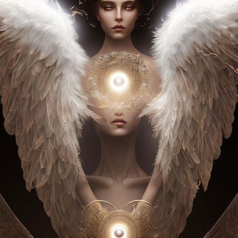 Surrealist image: Person with angelic wings, golden embellishments, glowing symbols