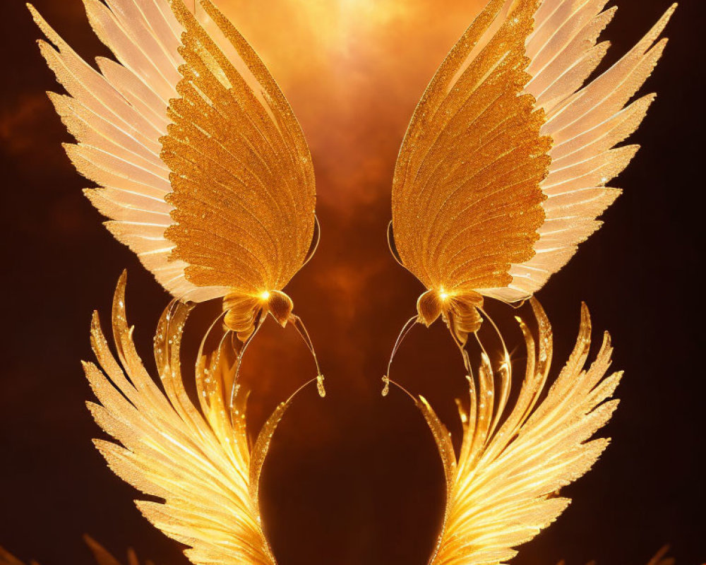 Golden feathered wings against fiery background: A celestial and dramatic image