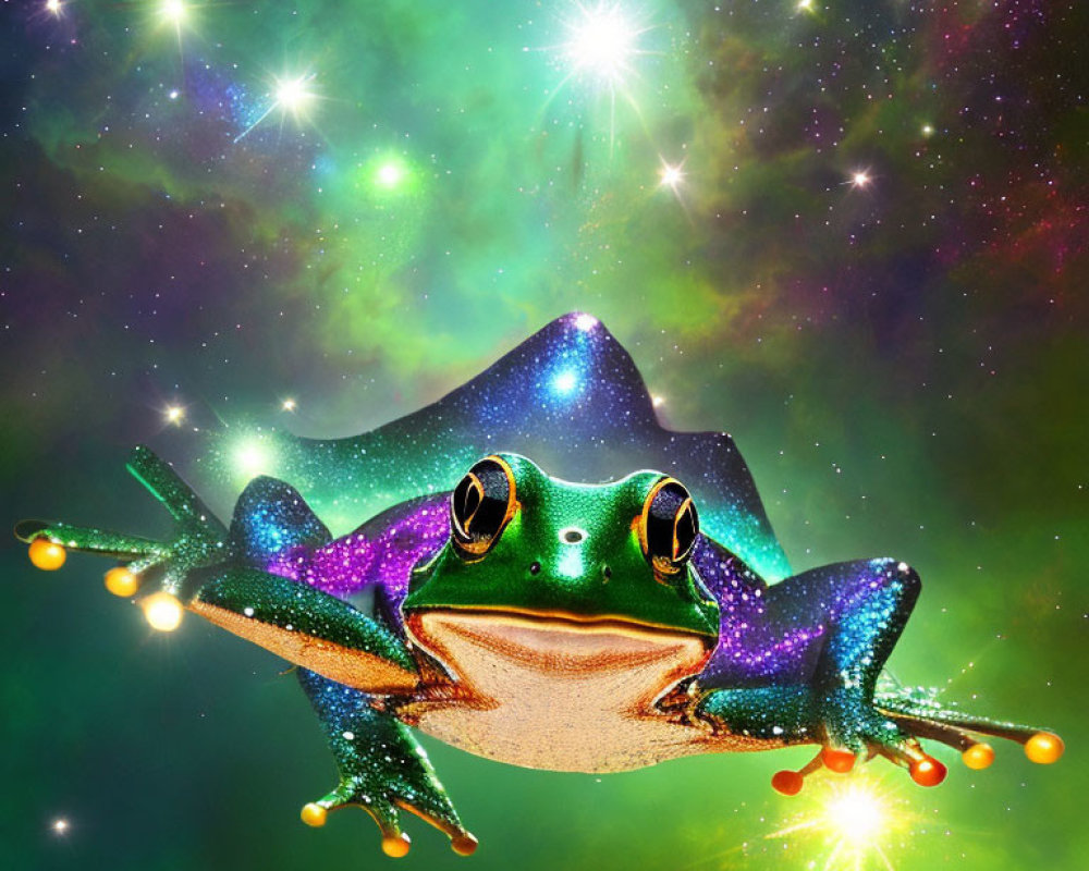 Colorful Frog Leaping in Cosmic Space Backdrop