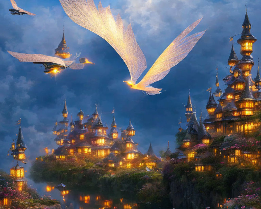 Fantastical illuminated castles, serene river, glowing creatures with large wings in mystical twilight.
