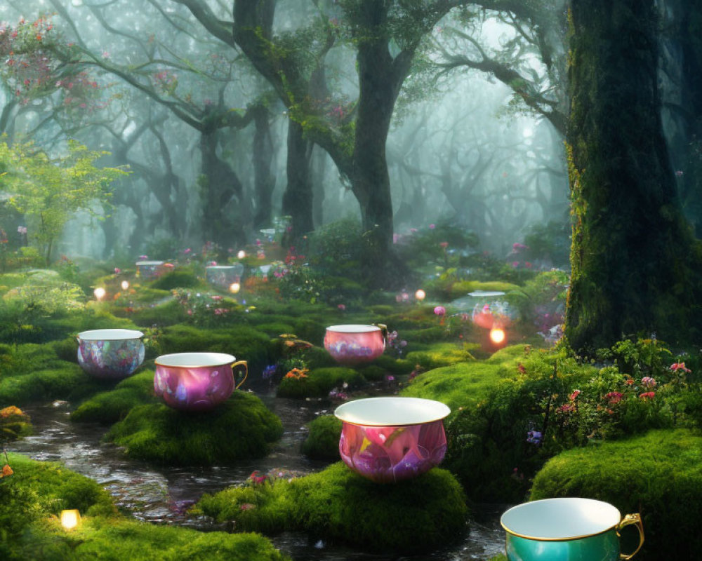 Colorful Teacups in Enchanted Forest Glade with Lantern-lit Mist