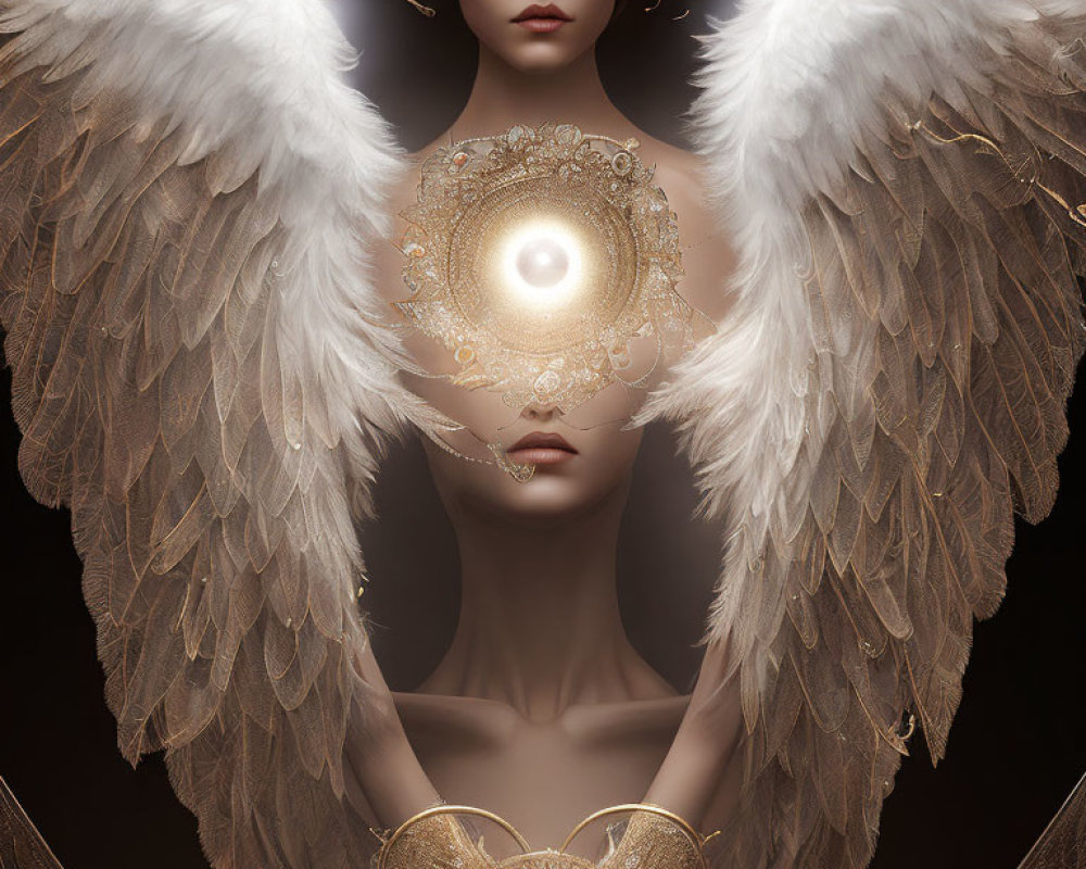 Surrealist image: Person with angelic wings, golden embellishments, glowing symbols