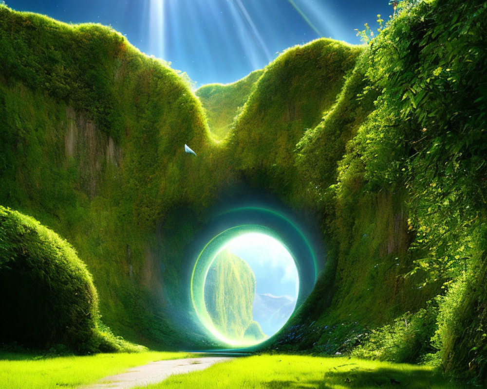 Lush green fantasy landscape with circular tunnel and glowing portal
