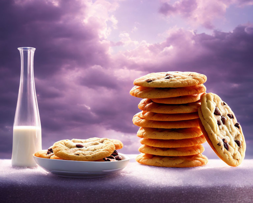 Milk Bottle and Chocolate Chip Cookies Against Purple Cloudy Sky