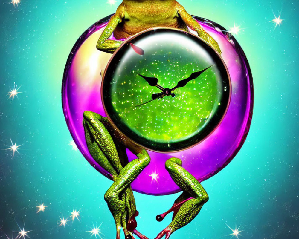 Whimsical frog holding a sparkling clock on teal background