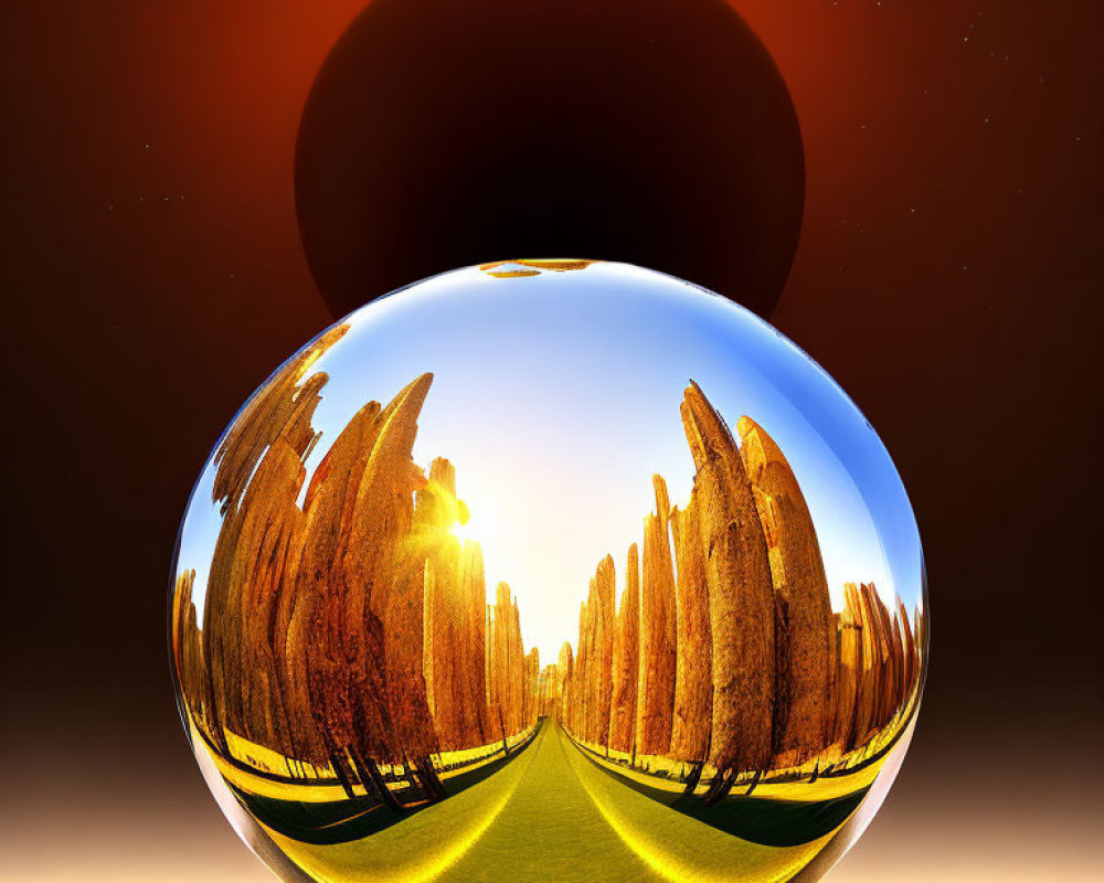 Crystal ball showing tree-lined path, sunset sky, and looming dark planet