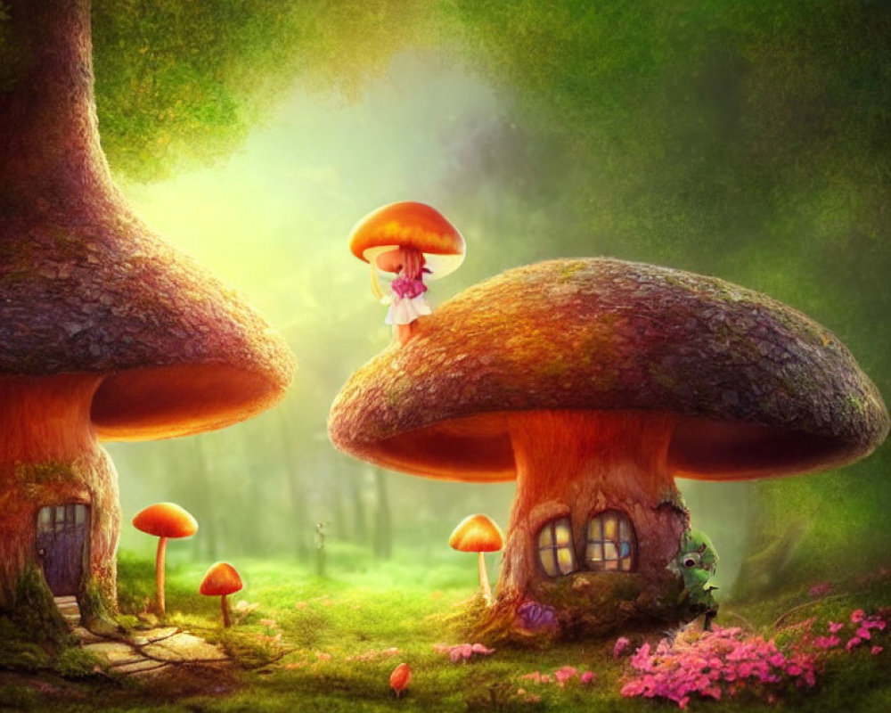 Verdant forest setting with oversized mushrooms and tiny figure