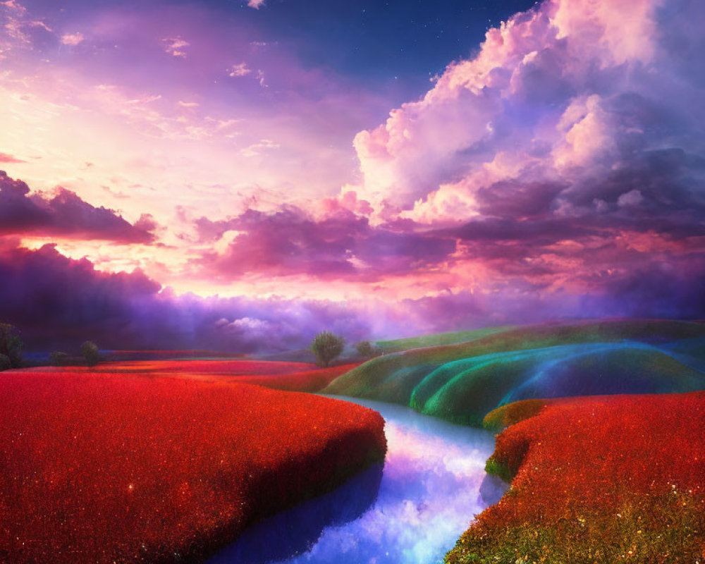 Colorful Rolling Hills and Magical River under Starry Sky