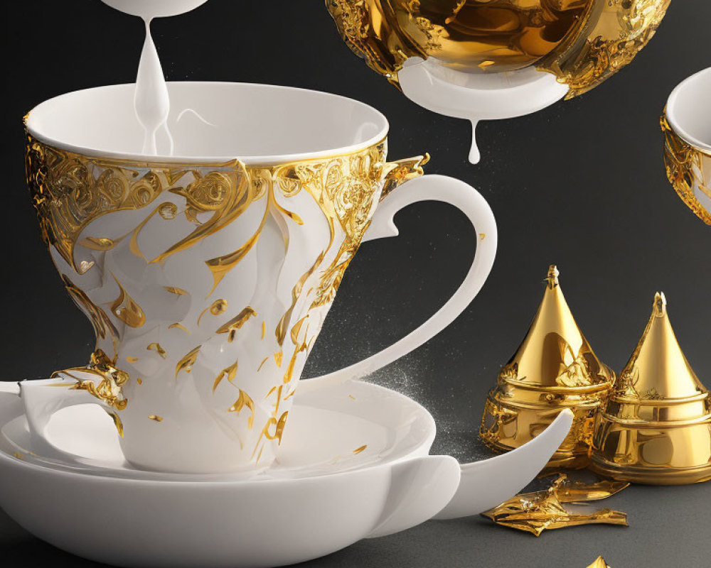Elegant White and Gold Porcelain Tea Set with Milk Splash on Dark Background