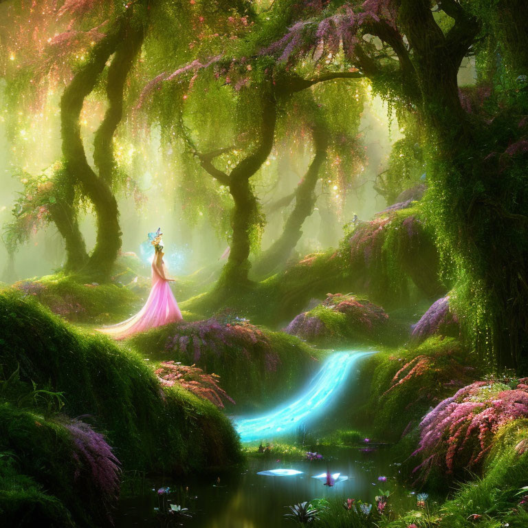 Vibrant pink and green mystical forest with glowing blue streams and a graceful figure in flowing robes