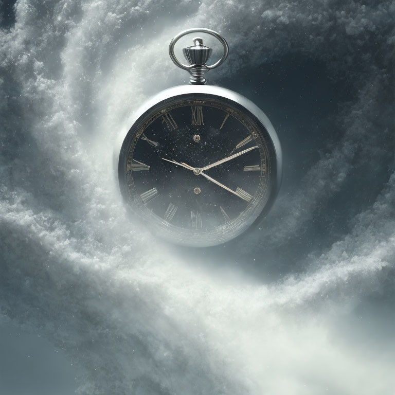 Roman Numerals Pocket Watch Floating in Dreamy Space Setting