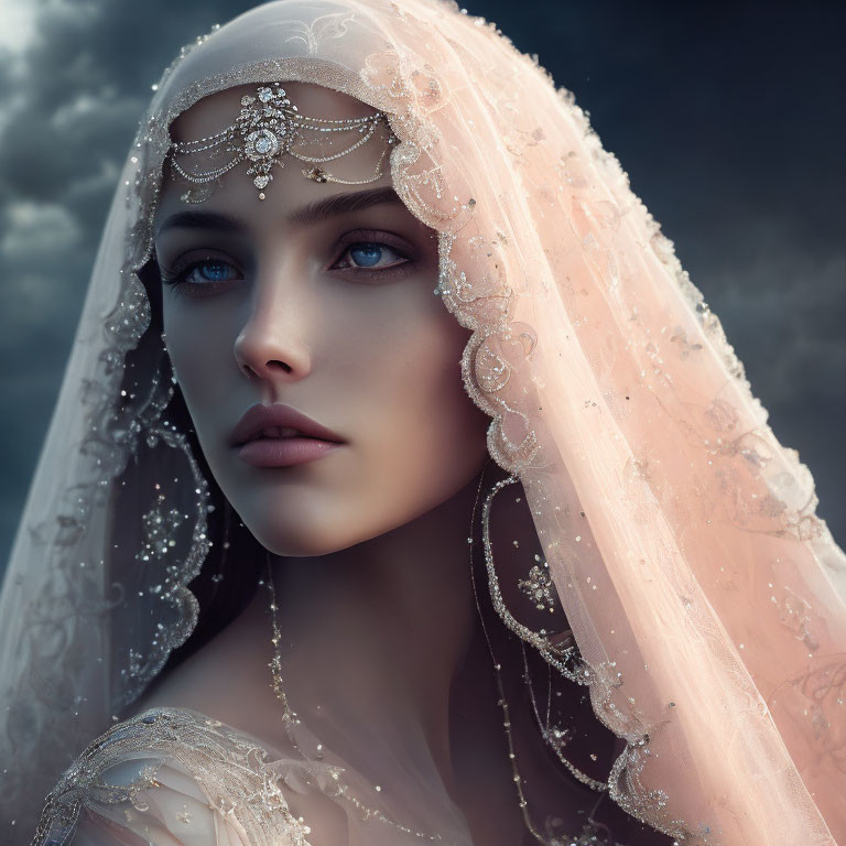 Blue-eyed woman in beaded veil against moody sky