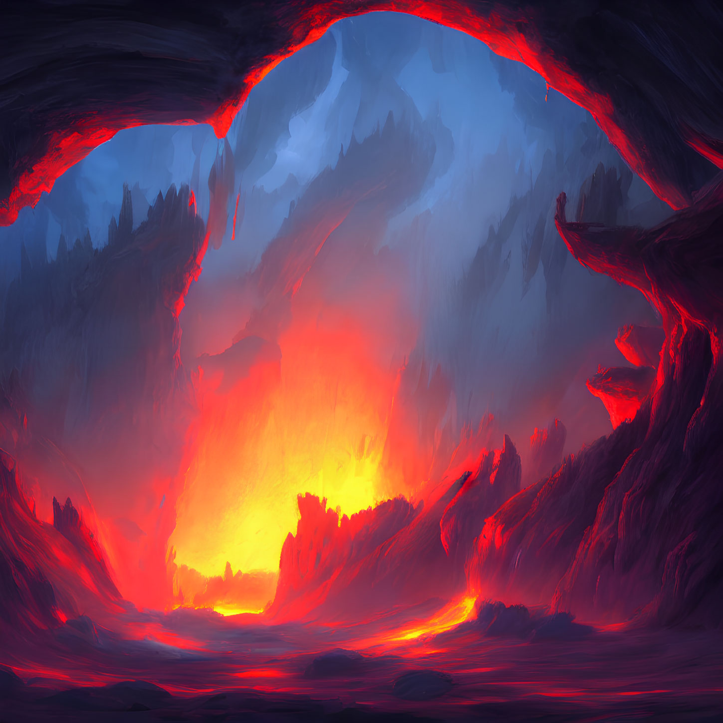 Volcanic landscape with fiery glow and heart-shaped cliffs