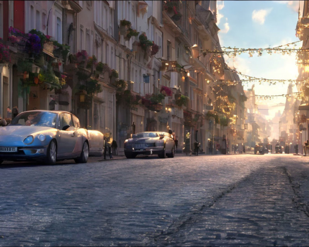Sunset scene: cobbled street, vintage cars, hanging decorations, floral buildings