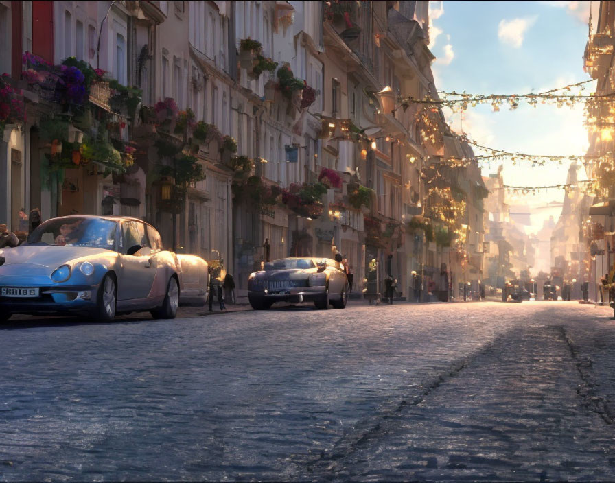 Sunset scene: cobbled street, vintage cars, hanging decorations, floral buildings