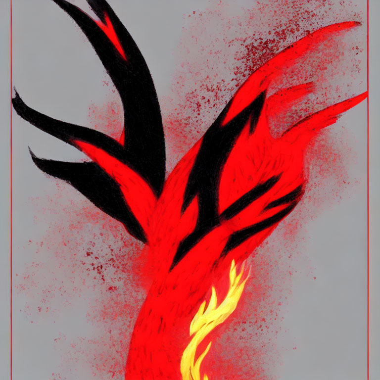 Vibrant red and black fiery phoenix on grey background symbolizing rebirth