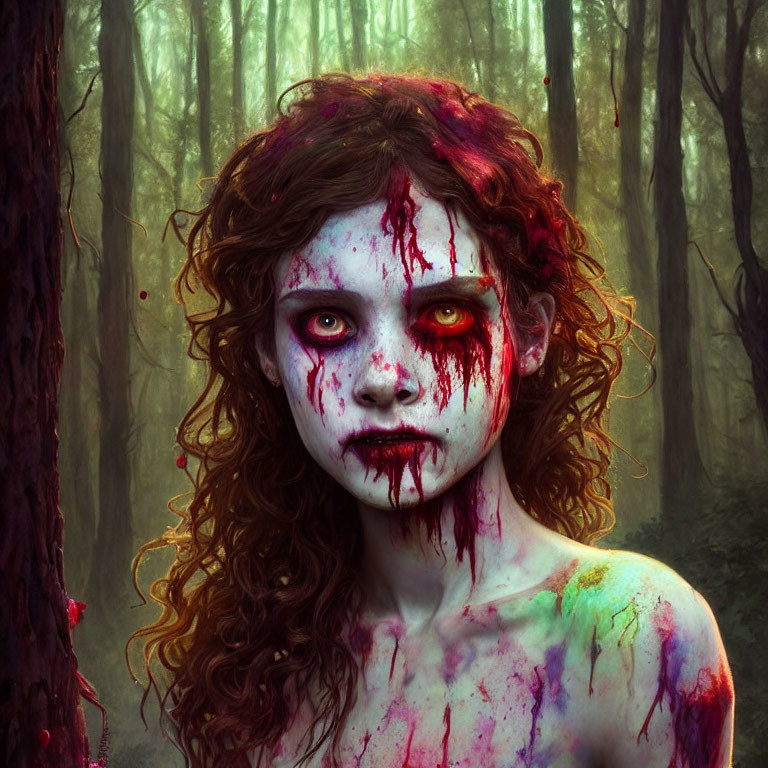 Creepy girl with blood-stained face in dark forest landscape