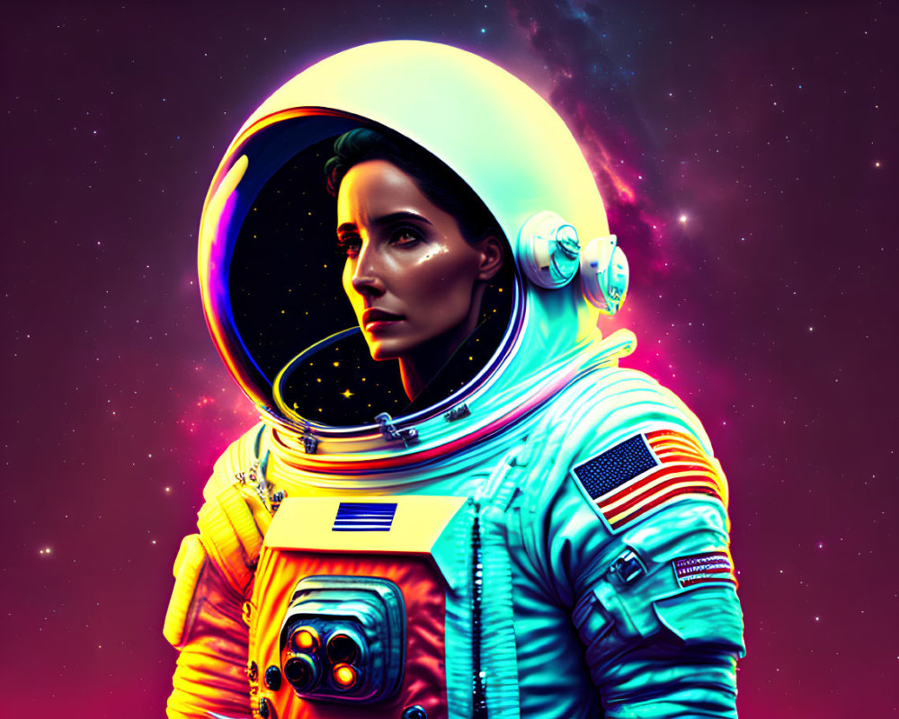 Vivid neon-colored astronaut art against cosmic backdrop