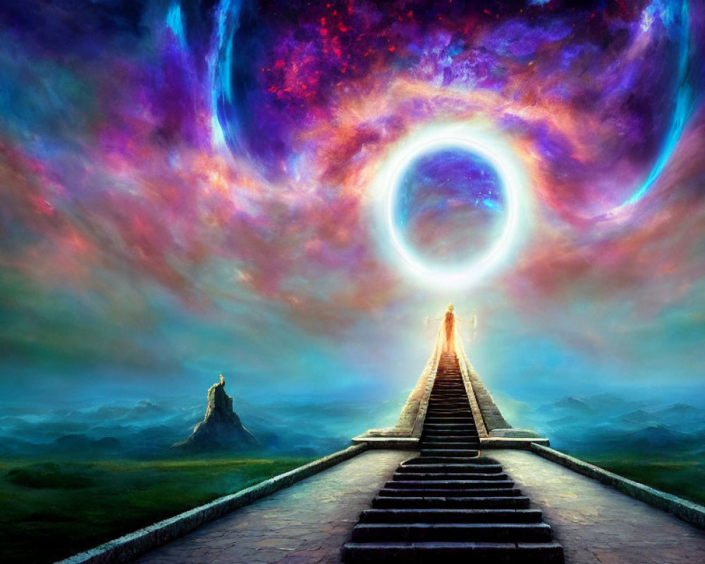 Person on Stone Bridge Under Vibrant Cosmic Sky with Circular Portal