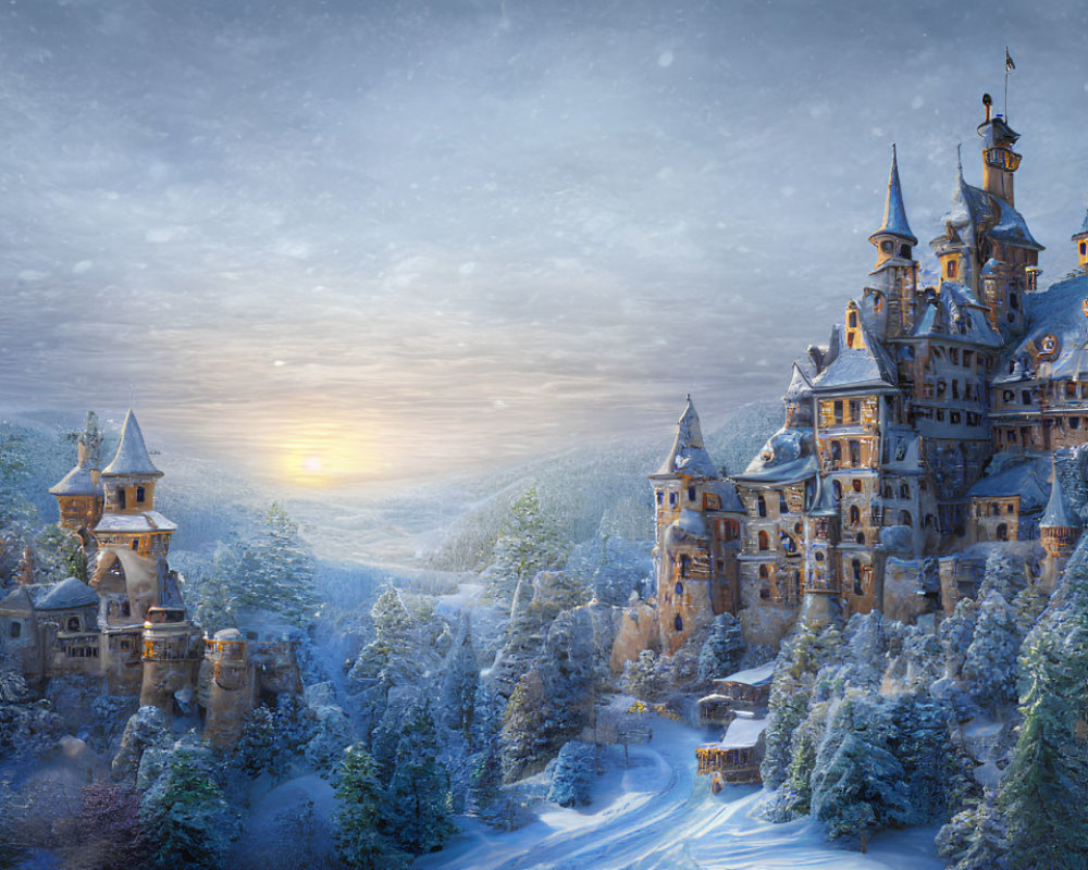 Snow-covered castle in winter forest at sunset with warm lights and colorful sky