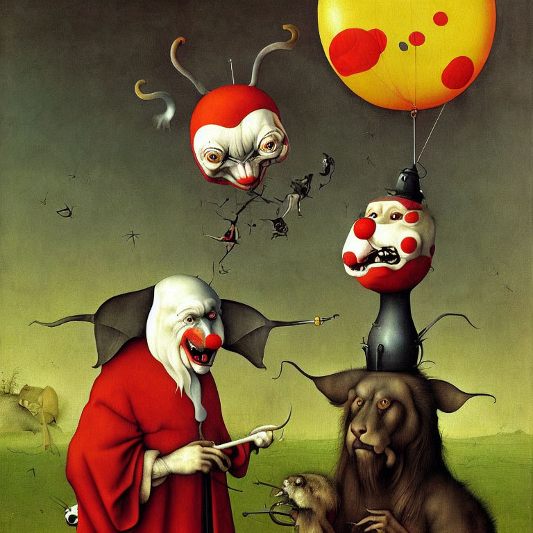 Surreal Painting: Three Clown-Like Figures and Baboon in Green Landscape