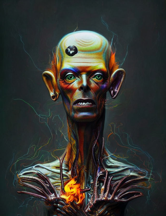 Illustration of humanoid with exposed skull and yellow eyes holding flame on dark background