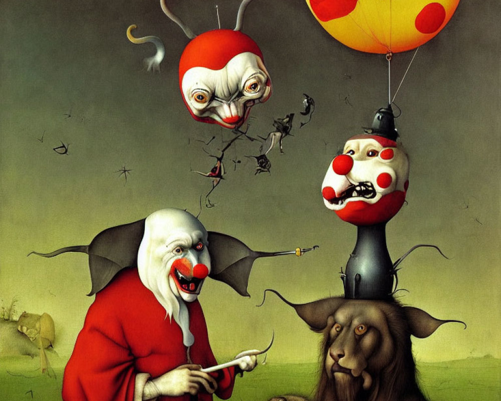 Surreal Painting: Three Clown-Like Figures and Baboon in Green Landscape