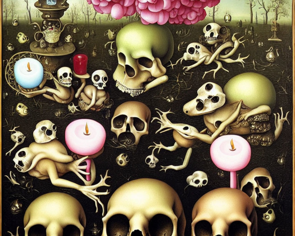 Surreal landscape featuring skulls, candles, trees, and pink cloud