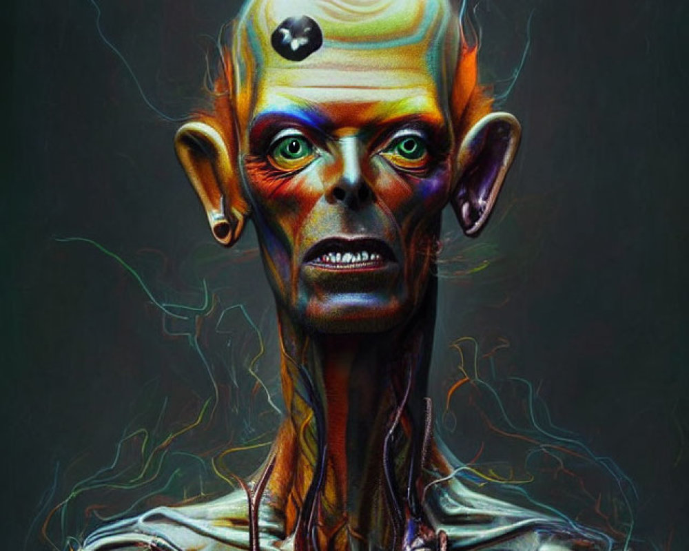 Illustration of humanoid with exposed skull and yellow eyes holding flame on dark background