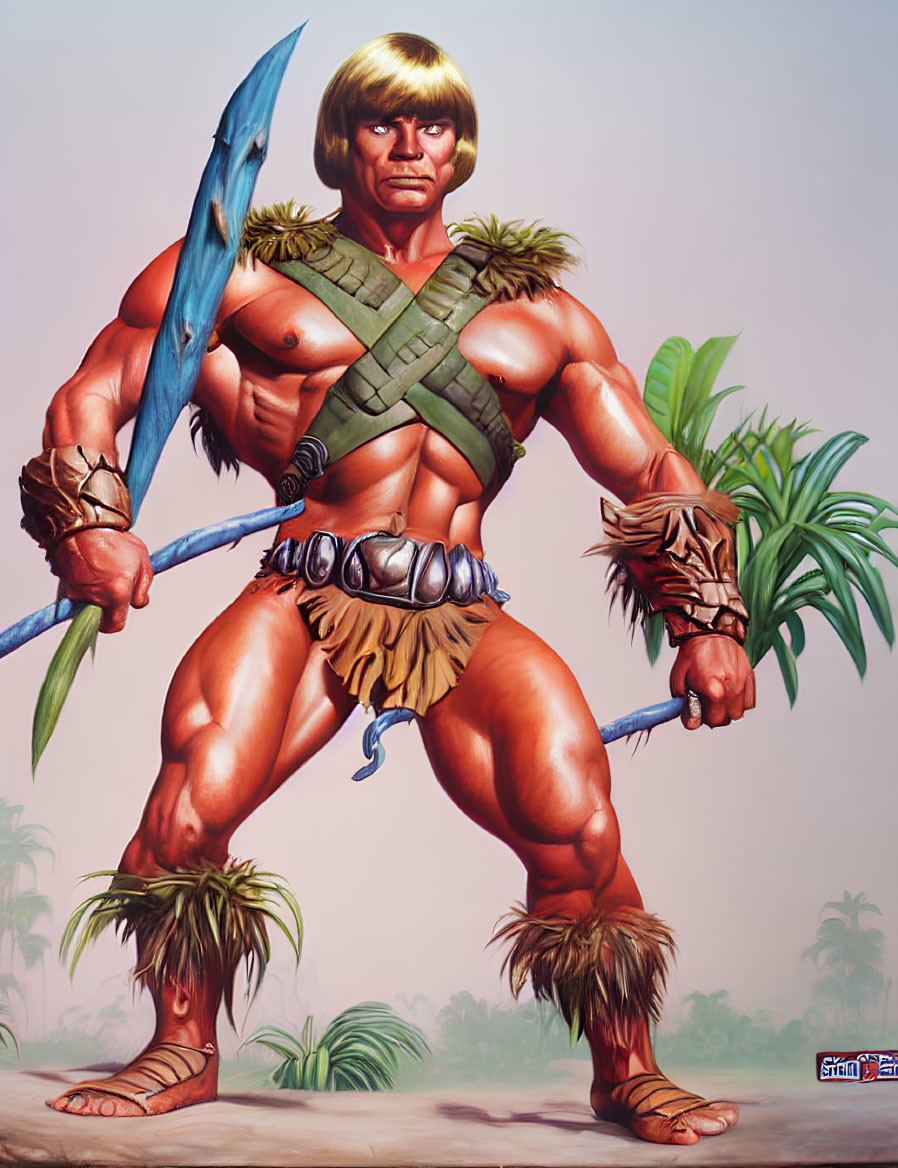 Blond Muscular Warrior with Blue Sword in Tropical Setting